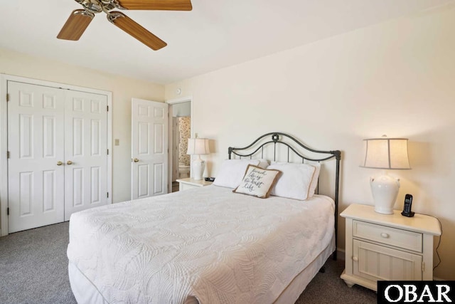 carpeted bedroom with a closet and ceiling fan