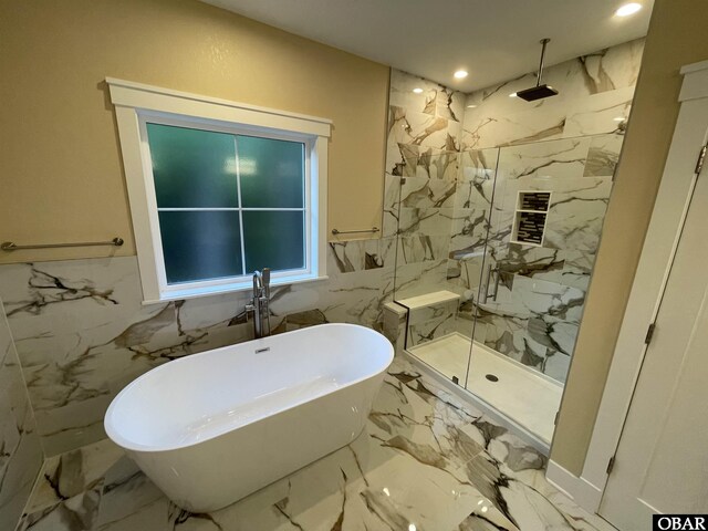 3009 Martins Point Rd Lot 3, Kitty Hawk, NC 27949 - full bath featuring a freestanding bath, a marble finish shower, marble finish floors, recessed lighting, and a wainscoted wall
