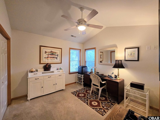 126 Baum Bay Dr Lot B, Kill Devil Hills, NC 27948 - office area with ceiling fan, vaulted ceiling, light colored carpet, and baseboards