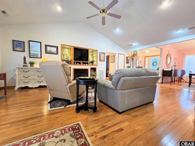 126 Baum Bay Dr Lot B, Kill Devil Hills, NC 27948 - living room featuring vaulted ceiling, a ceiling fan, light wood-type flooring, and recessed lighting