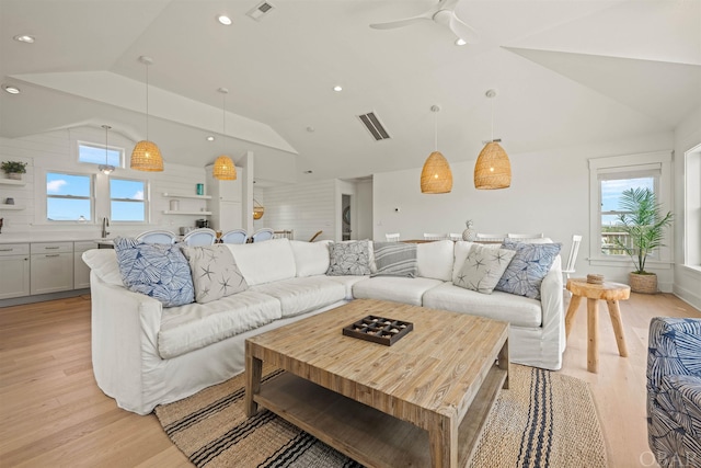 living area with light wood-style floors, visible vents, and plenty of natural light