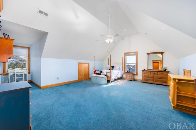 bedroom with carpet, lofted ceiling, visible vents, a ceiling fan, and baseboards