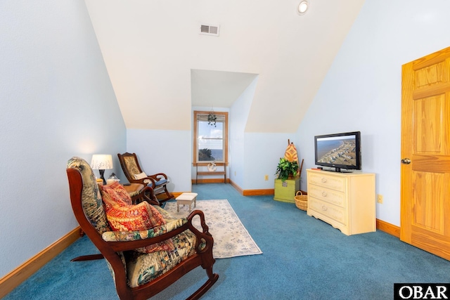 living area featuring carpet floors, visible vents, vaulted ceiling, and baseboards