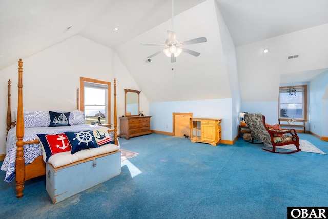 bedroom featuring carpet, visible vents, a ceiling fan, vaulted ceiling, and baseboards