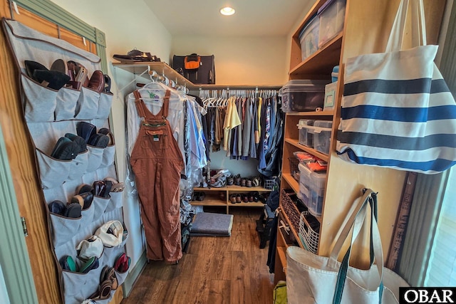 spacious closet with dark wood-style floors