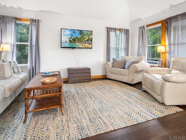 living room with baseboards and wood finished floors