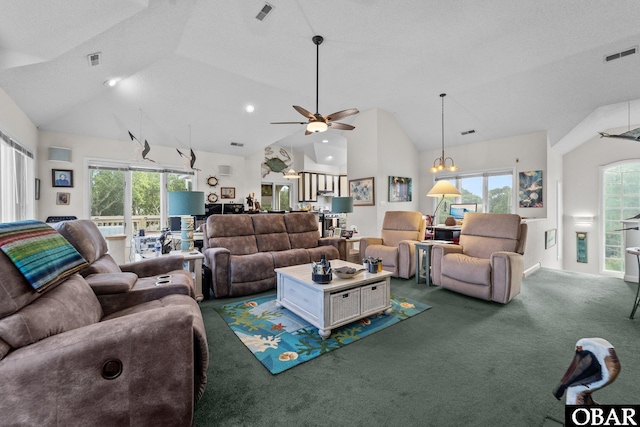 409 W Raceview Ct Lot # 35, Nags Head, NC 27959 - living room with lofted ceiling, dark carpet, a ceiling fan, healthy amount of natural light, and recessed lighting