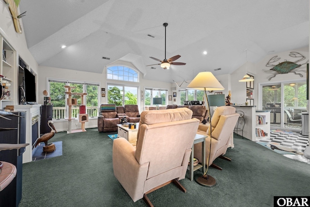 409 W Raceview Ct Lot # 35, Nags Head, NC 27959 - living room with carpet, vaulted ceiling, a ceiling fan, recessed lighting, and a fireplace