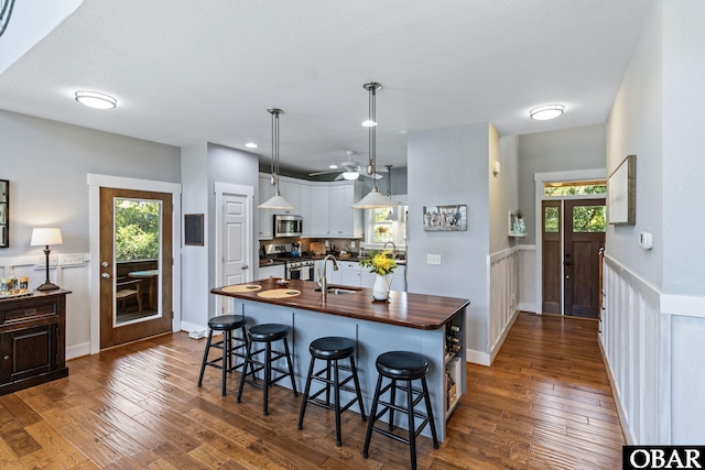 kitchen with dark wood finished floors, butcher block countertops, appliances with stainless steel finishes, and a sink
