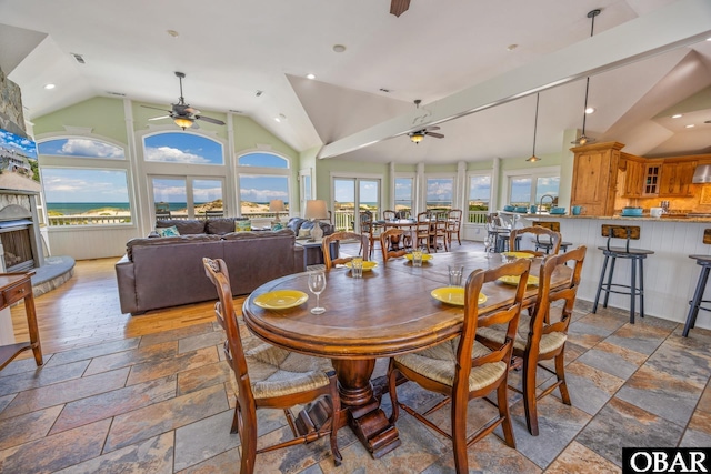 1459 Ocean Pearl Rd Lot 2, 3A, 3B, Corolla, NC 27927 - dining room with ceiling fan, lofted ceiling, stone tile flooring, and recessed lighting