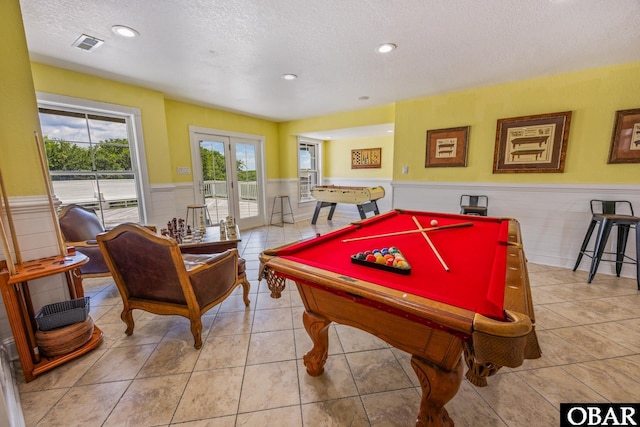 1459 Ocean Pearl Rd Lot 2, 3A, 3B, Corolla, NC 27927 - rec room featuring a wainscoted wall, a textured ceiling, french doors, recessed lighting, and billiards table