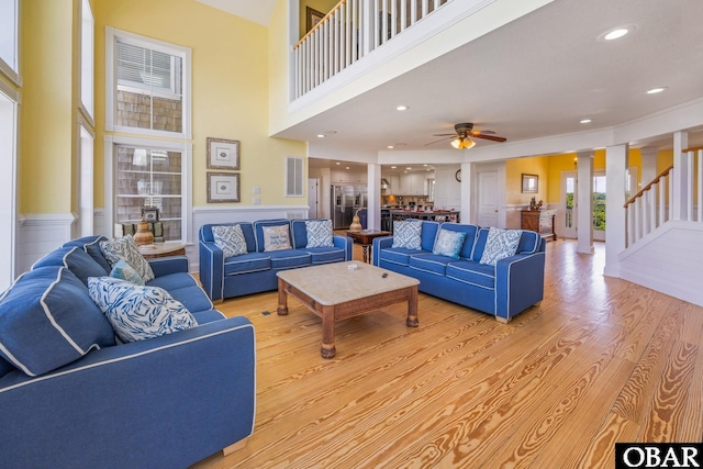 1459 Ocean Pearl Rd Lot 2, 3A, 3B, Corolla, NC 27927 - living area with light wood-style flooring, a wainscoted wall, ceiling fan, ornate columns, and recessed lighting