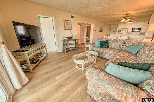 24256 Resort Rodanthe Dr Unit 6B, Rodanthe, NC 27968 - living room with a textured ceiling, ceiling fan, light wood finished floors, and visible vents