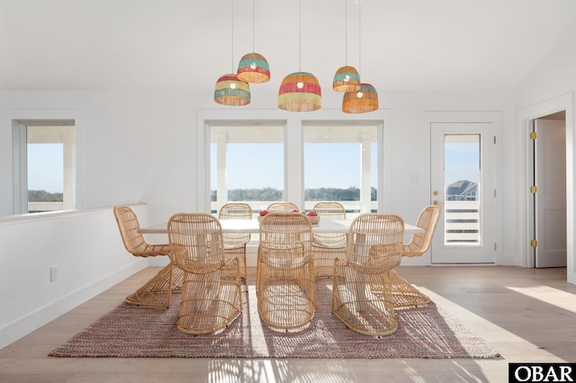 dining space featuring wood finished floors and baseboards