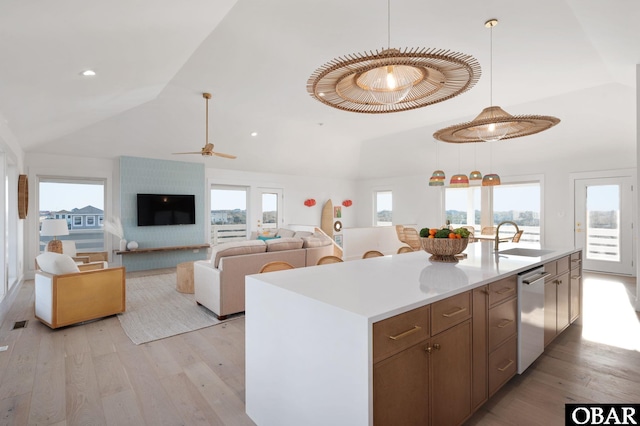 kitchen featuring a sink, light wood-style floors, stainless steel dishwasher, and vaulted ceiling