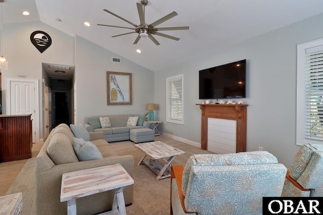 living area featuring visible vents, baseboards, light colored carpet, ceiling fan, and recessed lighting