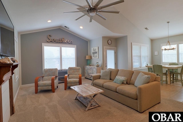 living area featuring lofted ceiling, light tile patterned floors, light carpet, and visible vents