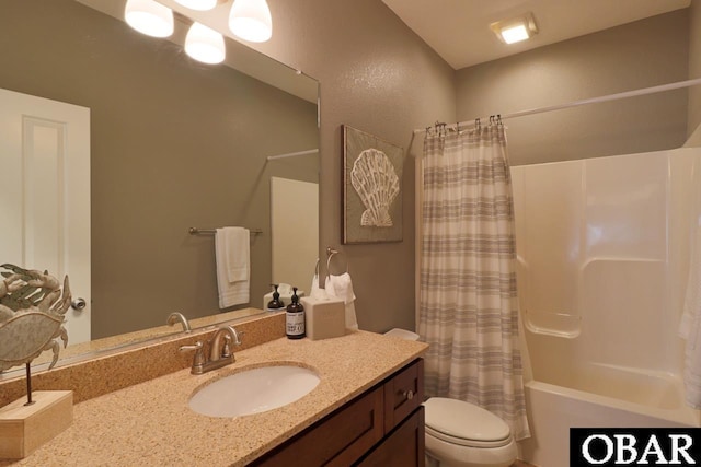 bathroom with toilet, vanity, and shower / bathtub combination with curtain