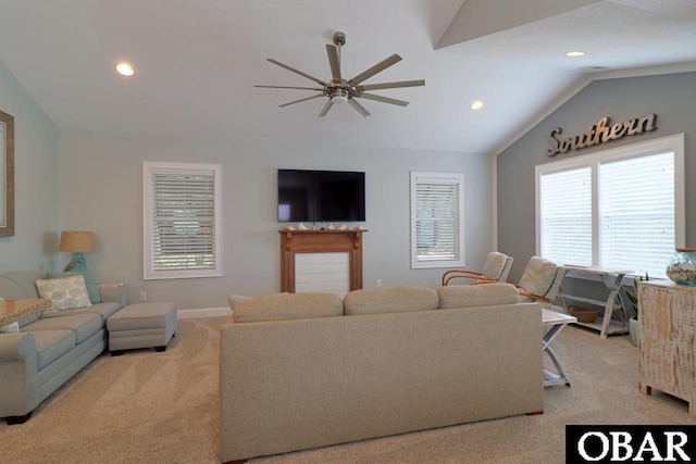 living room with recessed lighting, a ceiling fan, light carpet, vaulted ceiling, and baseboards