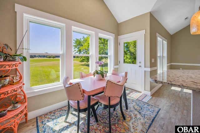149 Carolina Club Dr Lot 54, Grandy, NC 27939 - dining space featuring vaulted ceiling, healthy amount of natural light, and wood finished floors
