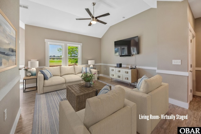 149 Carolina Club Dr Lot 54, Grandy, NC 27939 - living room with a ceiling fan, wood finished floors, and lofted ceiling