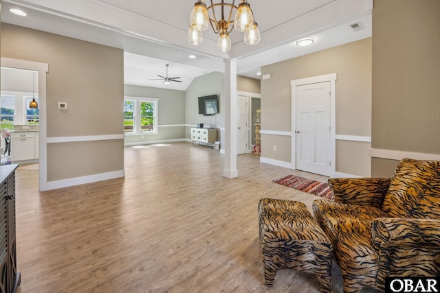 149 Carolina Club Dr Lot 54, Grandy, NC 27939 - living area featuring ornate columns, light wood-type flooring, ceiling fan, vaulted ceiling, and recessed lighting