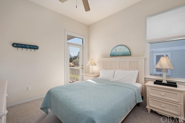 bedroom featuring carpet floors, vaulted ceiling, ceiling fan, access to outside, and baseboards