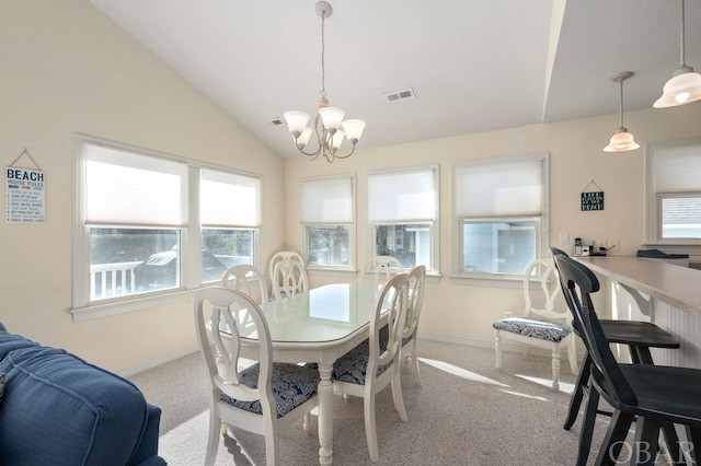 dining room featuring light carpet, baseboards, visible vents, and vaulted ceiling