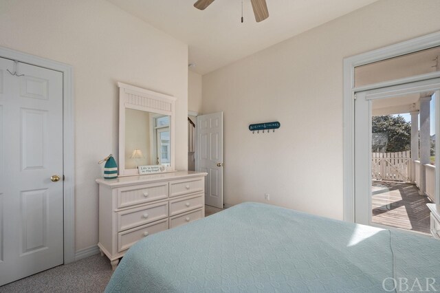 bedroom with access to exterior, baseboards, a ceiling fan, and light colored carpet