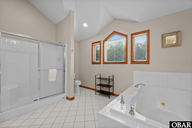 1367 Duck Rd Lot 21, Duck, NC 27949 - bathroom with lofted ceiling, a stall shower, toilet, a tub with jets, and tile patterned floors