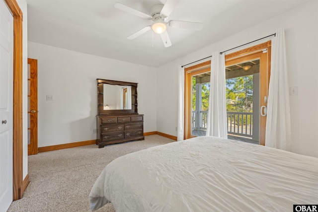 bedroom featuring a ceiling fan, access to outside, light colored carpet, and baseboards