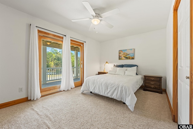 bedroom with access to outside, baseboards, ceiling fan, and light colored carpet