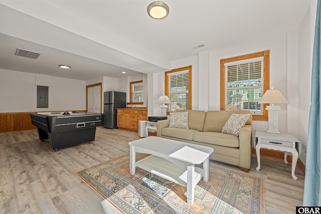 living room featuring light wood-style flooring, electric panel, and visible vents