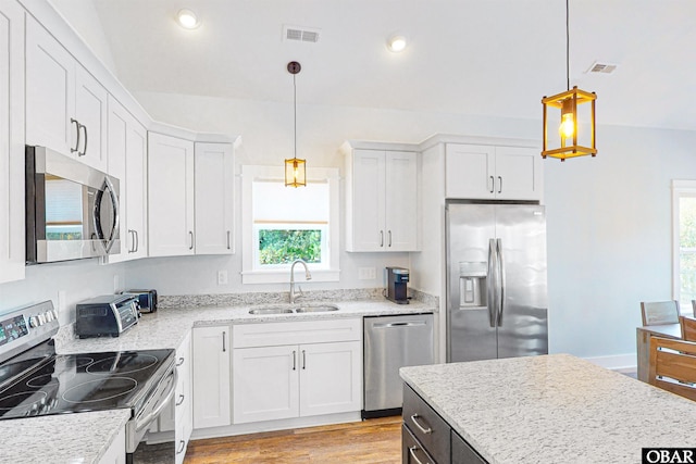 kitchen featuring recessed lighting, a sink, visible vents, white cabinetry, and appliances with stainless steel finishes