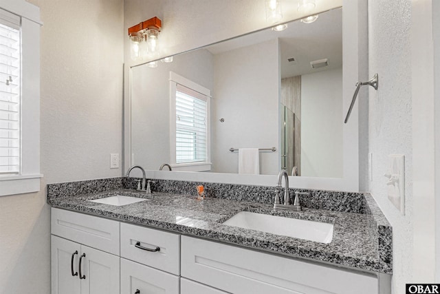 bathroom featuring double vanity, a shower stall, and a sink