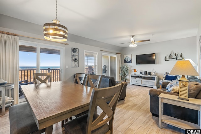 dining area with light wood finished floors and ceiling fan with notable chandelier