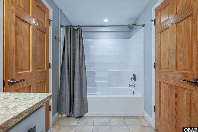 bathroom with shower / tub combo with curtain, recessed lighting, baseboards, and tile patterned floors