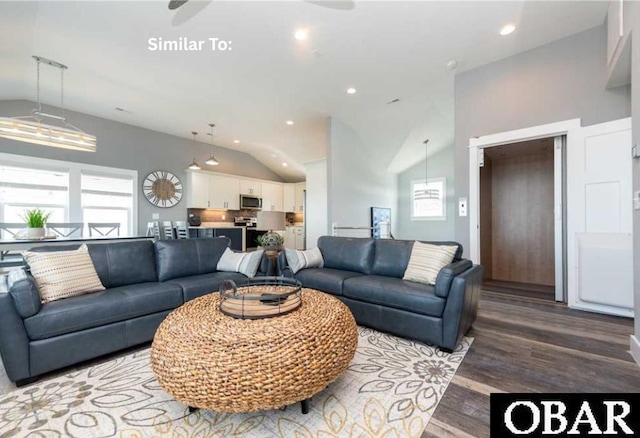 914 Sea Ridge Dr Lot 62, Corolla, NC 27927 - living area featuring lofted ceiling, healthy amount of natural light, wood finished floors, recessed lighting, and a ceiling fan