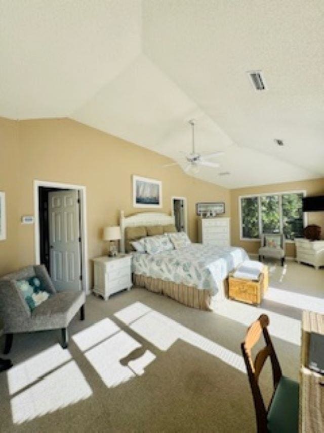 290 Hillcrest Dr Lot 22, Southern Shores, NC 27949 - bedroom featuring light colored carpet, ceiling fan, and vaulted ceiling