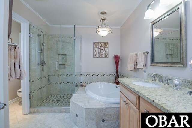 4025 Ivy Ln Lot 11, Kitty Hawk, NC 27949 - bathroom with a garden tub, crown molding, vanity, toilet, and a stall shower