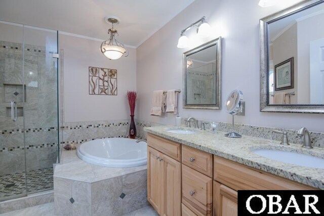 4025 Ivy Ln Lot 11, Kitty Hawk, NC 27949 - bathroom with double vanity, a garden tub, crown molding, a shower stall, and a sink
