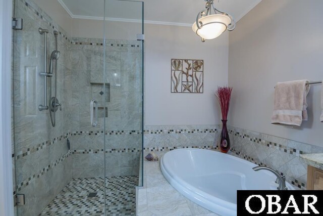 4025 Ivy Ln Lot 11, Kitty Hawk, NC 27949 - full bath with crown molding, vanity, a garden tub, and a stall shower