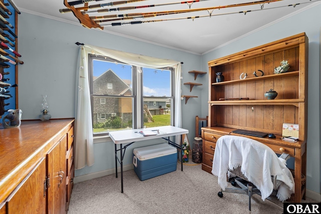 57194 M V Australia Ln, Hatteras, NC 27943 - home office with light colored carpet, ornamental molding, and baseboards
