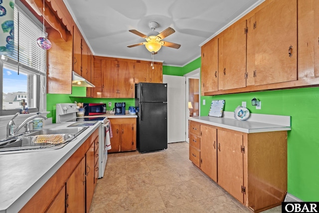 57194 M V Australia Ln, Hatteras, NC 27943 - kitchen with black appliances, a sink, light countertops, ceiling fan, and crown molding
