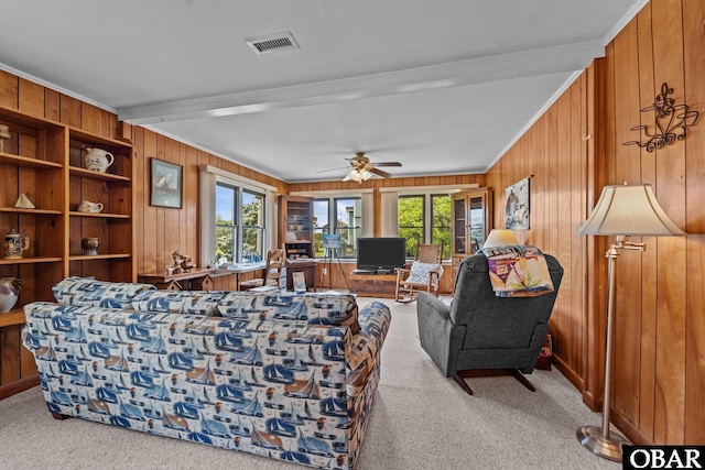 57194 M V Australia Ln, Hatteras, NC 27943 - living room featuring ornamental molding, wood walls, plenty of natural light, carpet, and ceiling fan
