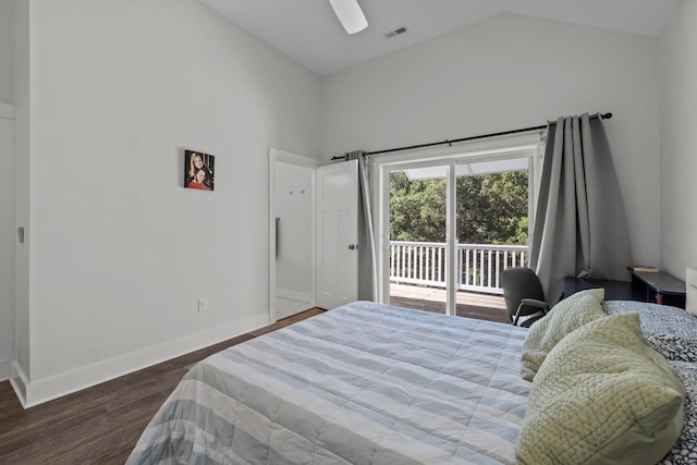 bedroom featuring access to exterior, visible vents, ceiling fan, wood finished floors, and baseboards