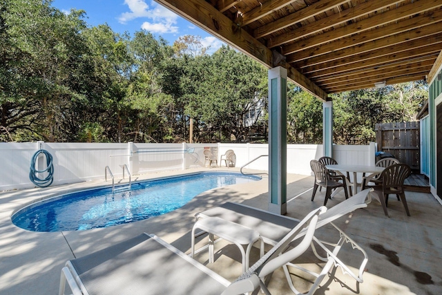 view of swimming pool featuring a fenced in pool, a patio area, and a fenced backyard