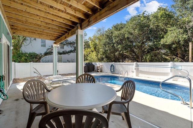 view of patio / terrace with outdoor dining area, a fenced backyard, and a fenced in pool