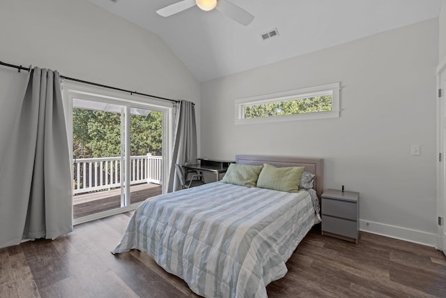 bedroom with baseboards, visible vents, wood finished floors, access to exterior, and vaulted ceiling