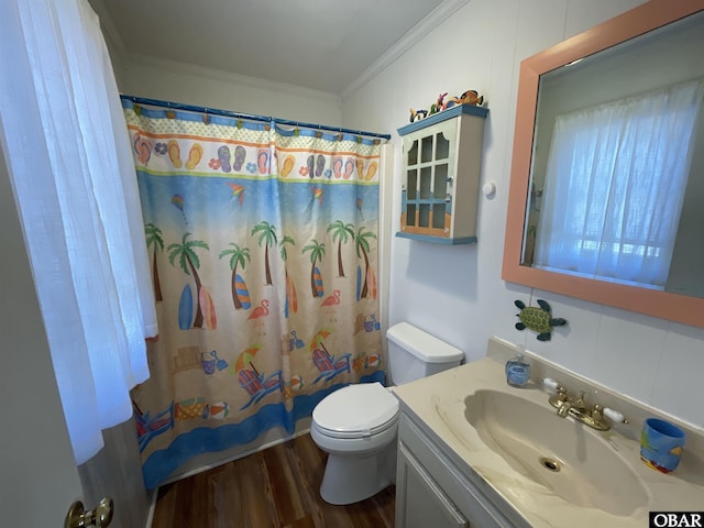 3737 Hallett St Lot # 100, Kitty Hawk, NC 27949 - bathroom with ornamental molding, wood finished floors, toilet, and vanity